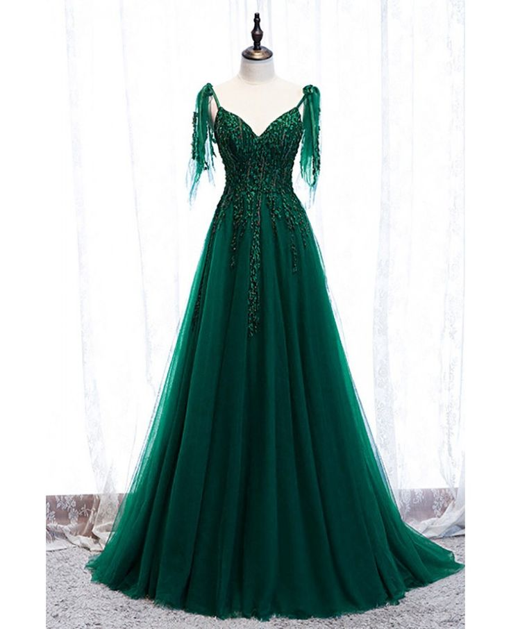 Green Tulle Formal Long Prom Dress With Appliques 2296