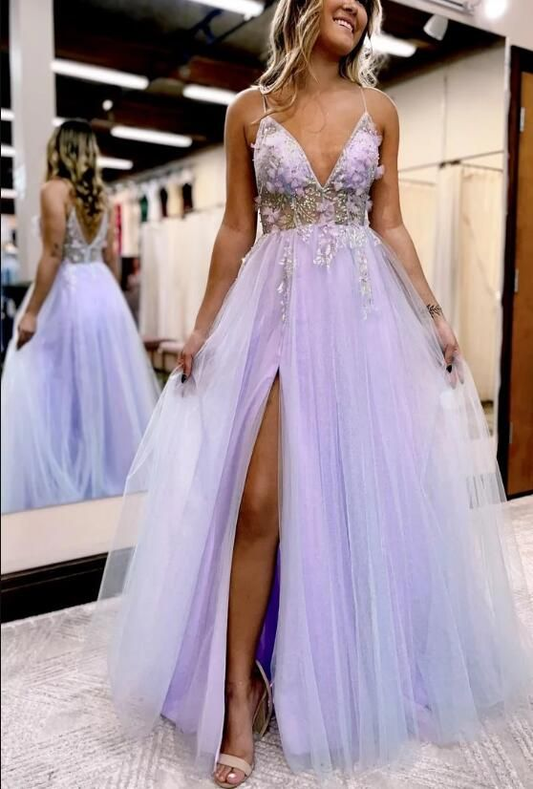 Spaghetti Straps V Neck A Line Prom Dress Purple Formal Dress 2137