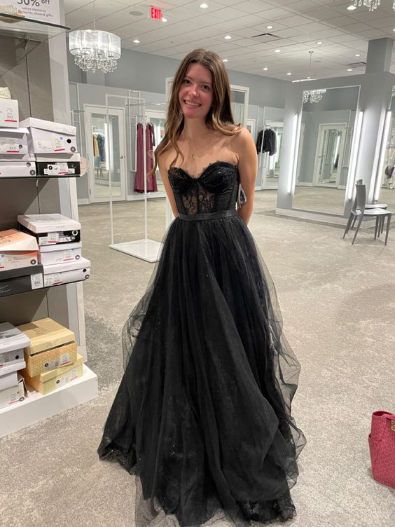 Strapless A Line Tulle Prom Dress Black Lace Evening Gown 2270