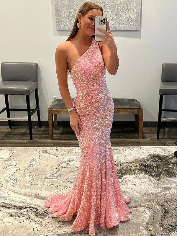 One Shoulder Sequin Mermaid Long Evening Dress Sparkly Prom Dress 2222