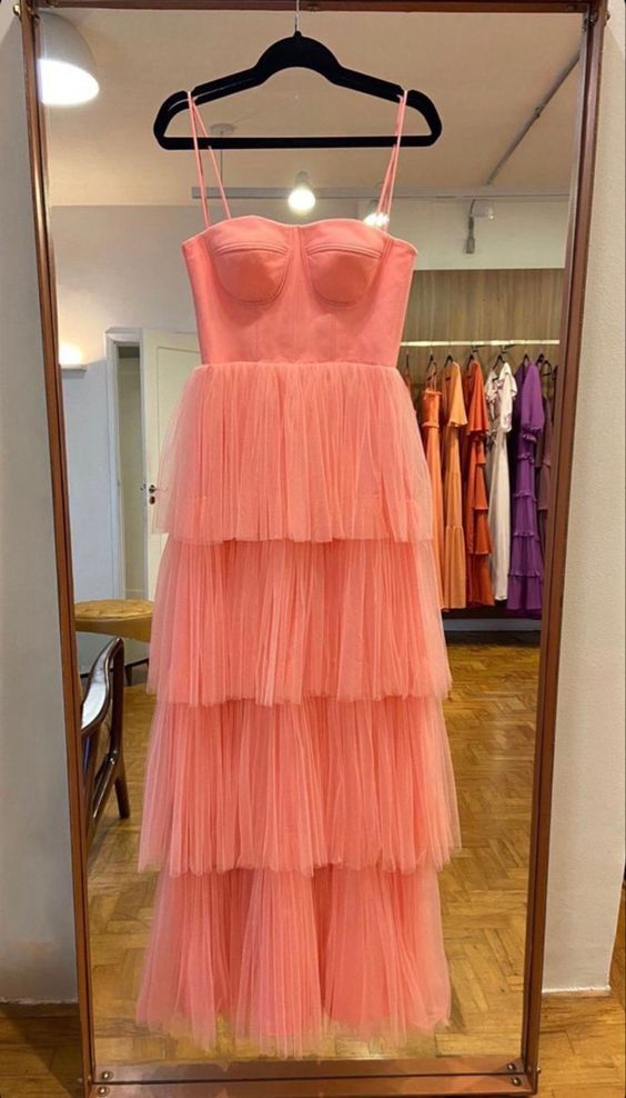 Spaghetti Strap Tiered Pink Tulle Prom Dress A Line Long Evening Dress 2230