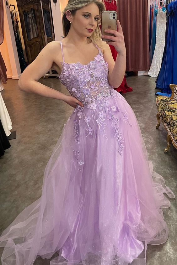 Lavender A Line Long Prom Dress Appliques Birthday Party Gown 2291