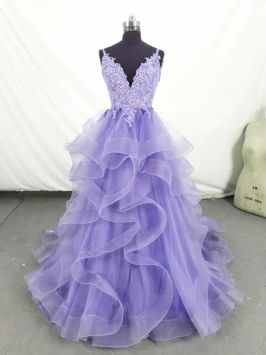 Light Purple Spaghetti Straps A-Line Prom Dress Appliques layered Tulle Dress 2144