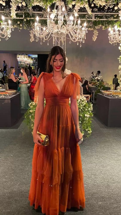 V Neck Long Prom Dresses Orange Tulle Formal Party Dress 2264