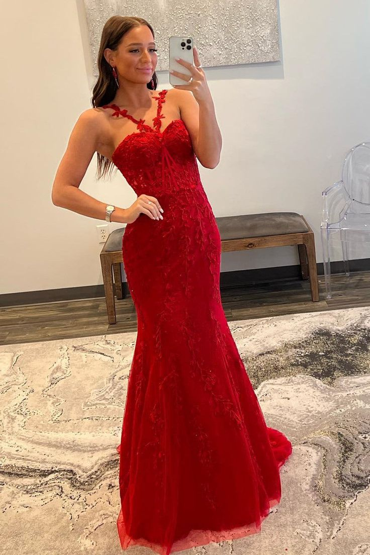 Red Lace Mermaid Long From Dress Appliques Formal Dress 2285