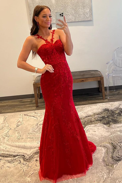Red Lace Mermaid Long From Dress Appliques Formal Dress 2285