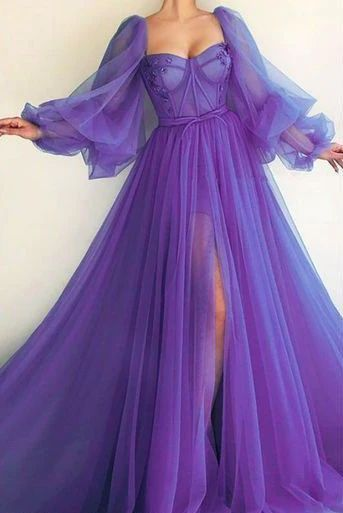 Purple Puff Sleeves A-Line Prom Dress Long Sleeves Tulle Dress With Slit 2146