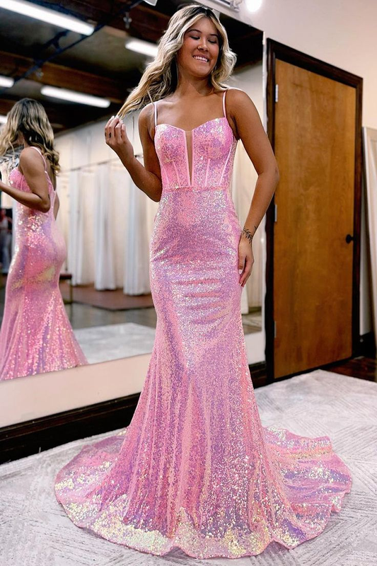 Sparkly Mermaid Pink Long Prom Dresses Shiny Evening Dress 2166