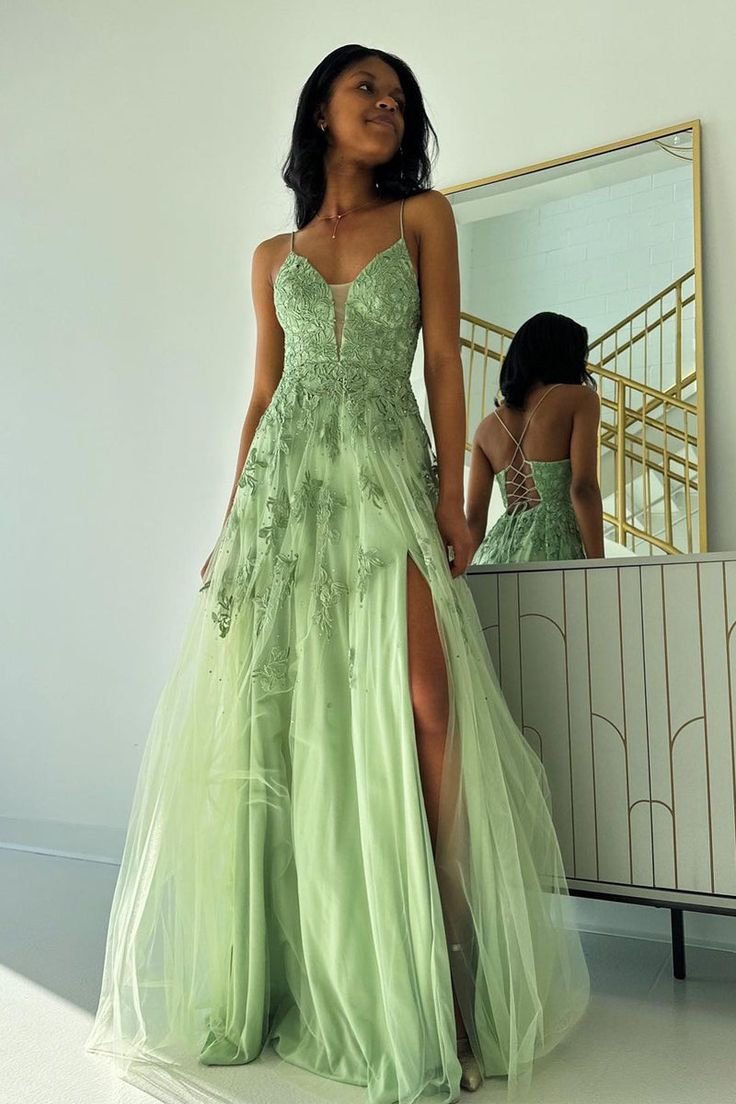 Green Spaghetti Straps A Line Long Tulle Prom Dress 2280 – JulyProm