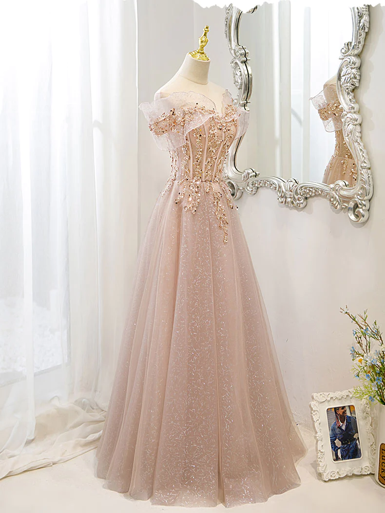 Off The Shoulder A Line Tulle Long Prom Dress Formal Evening Dress 2408