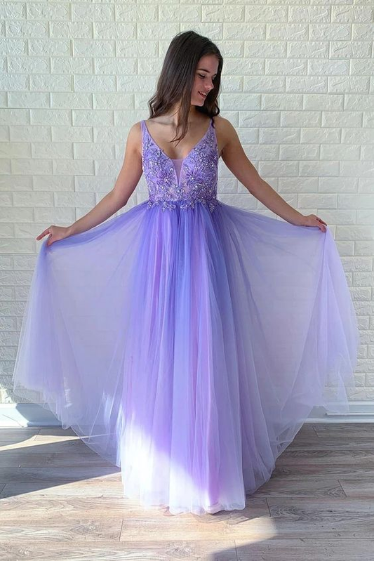 Perlenbesetztes, violettes, langes Ballkleid in A-Linie, formelles Abendkleid 2254