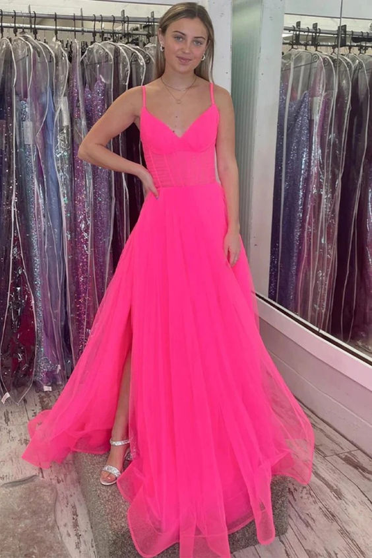 Spaghetti Straps A Line Long Tulle Prom Dress V Neck Formal Party Dress 2279