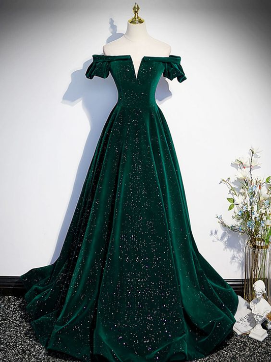 Off The Shoulder Green Velvet Long Prom Dress A Line Evening Dress 2134