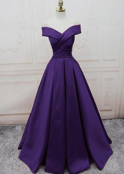 Off Shoulder Satin Dark Purple Long Formal Gown 2149