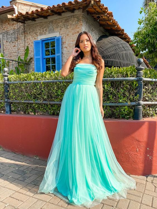 Strapless Blue Tulle Long Prom Dress A-Line Formal Evening Dress 2240