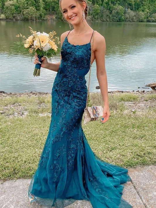 Green Applique Mermaid Long Prom Dress Formal Evening Dress 2163