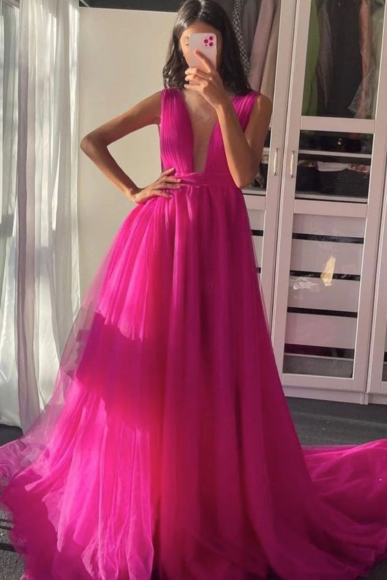 Hot Pink Deep V Neck Tulle Long Prom Dress A Line Formal Dresses 2297