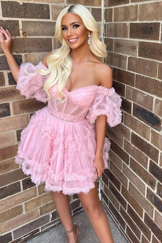 A Line Off The Shoulder Pink Tulle Homecoming Dress Short Prom Dress 2364