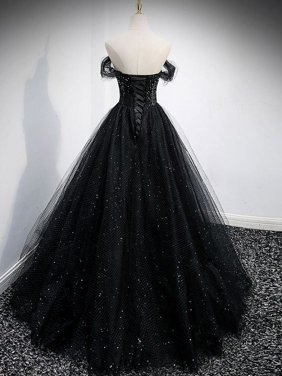 Off The Shoulder Shiny Tulle Long Prom Dress A Line Black Evening Dress 2248