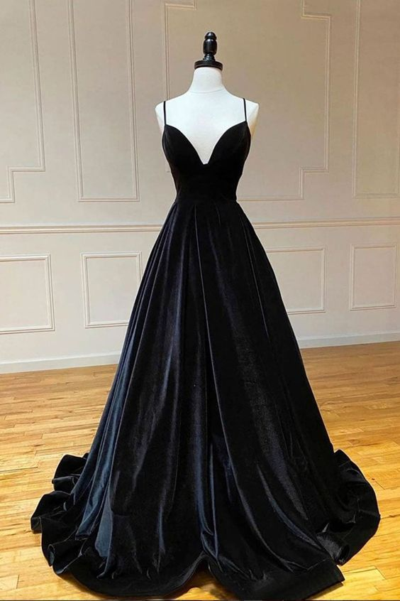 A Line V Neck Black Velvet Long Prom Dresses Spaghetti Straps Formal Evening Dresses 2249