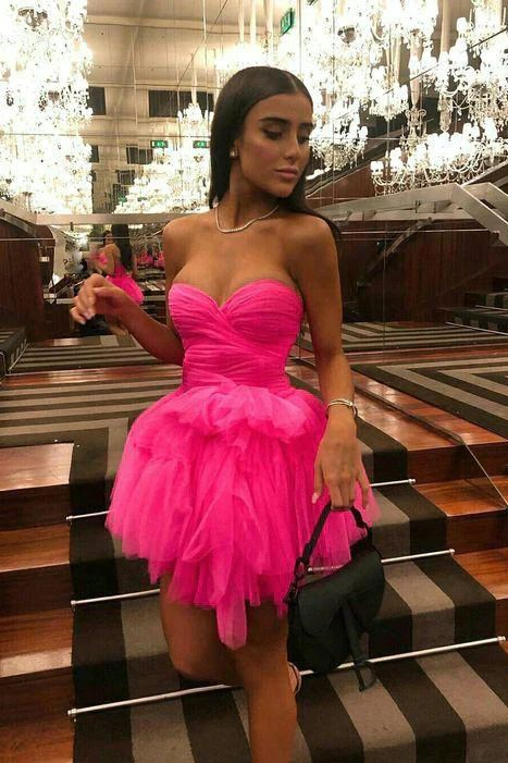 Strapless A Line Tulle Hot Pink Homecoming Dress Ruffles Short Graduation Dress 2358