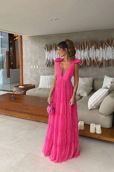 Hot Pink Backless Long Prom Dress V Neck Tulle Formal Gown 2179