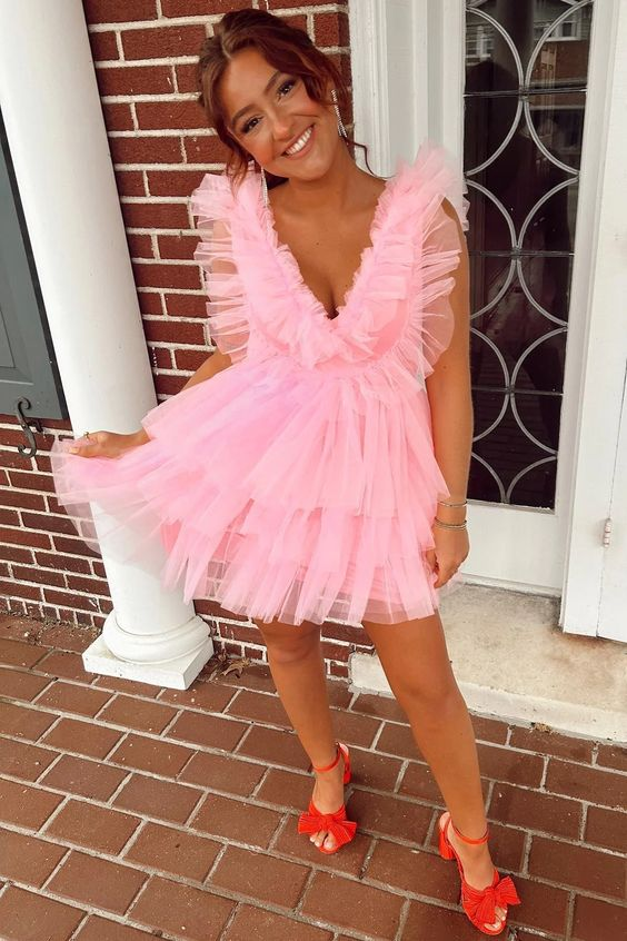 Pink V Neck Ruffled Homecoming Dress A Line Short Grad Dresses 2362