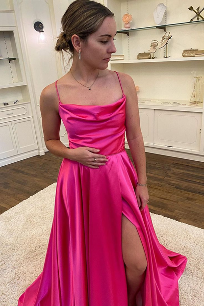 A-Linie Spaghettiträger Hot Pink Satin Langes Ballkleid mit Schlitz 2298