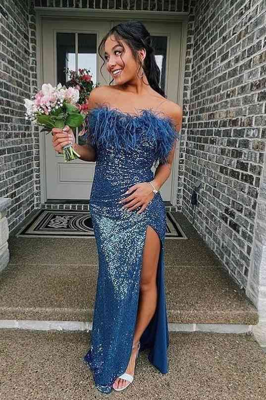 Strapless Dark Blue Feather Long Formal Dress With Slit  2212