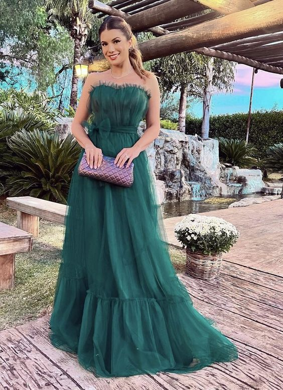 Strapless Green A Line Prom Dress Formal Tulle Evening Prom Gown 2155