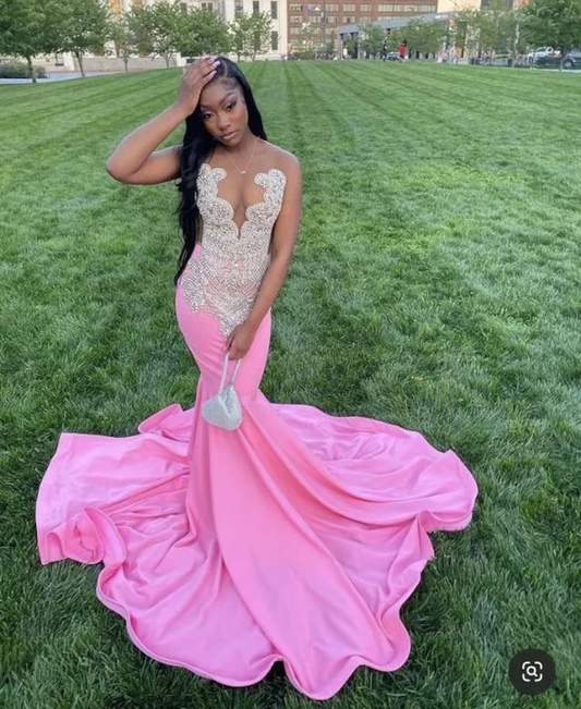 Sleeveless Pink Mermaid Prom Dress Black Girl Formal Party Gown 2318