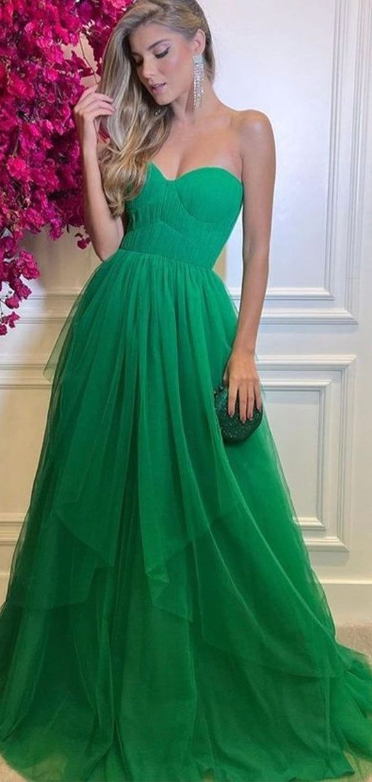 Strapless Green A Line Prom Dress Formal Tulle Evening Prom Gown 2154