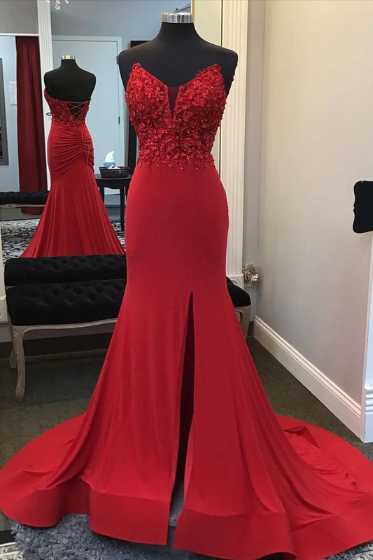 Red Mermaid Llong Prom Dress Appliques Slit Evening Dress 2401