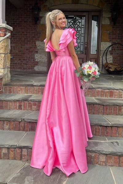 Layered Sleeves A-Line Satin Prom Dresses Pink Slit Evening Gowns 2113