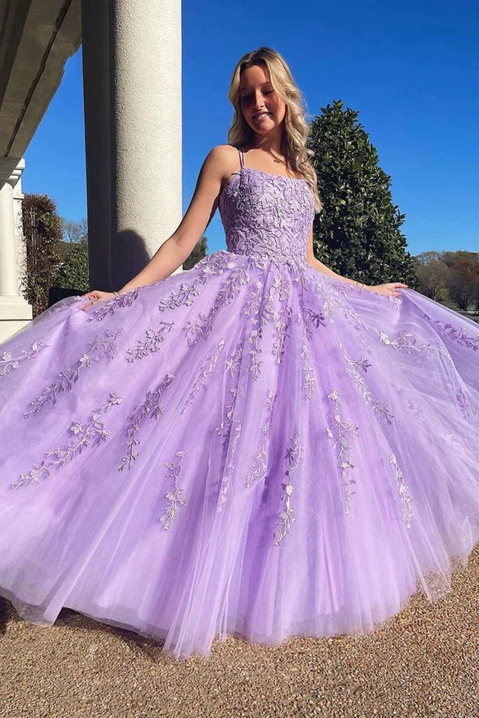 A Line Lavender Tulle Prom Dresses Lace Formal Party Ball Gown 2317