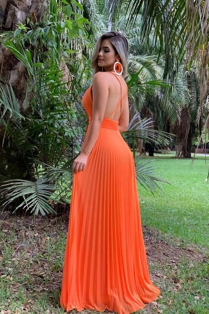 Spaghetti Straps Orange Chiffon Prom Dresses Pleated Wedding Guest Dress 2198