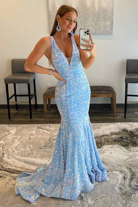 Sky Blue V Neck Sequins Long Prom Dresses Sparkly Mermaid Evening Dress 2282