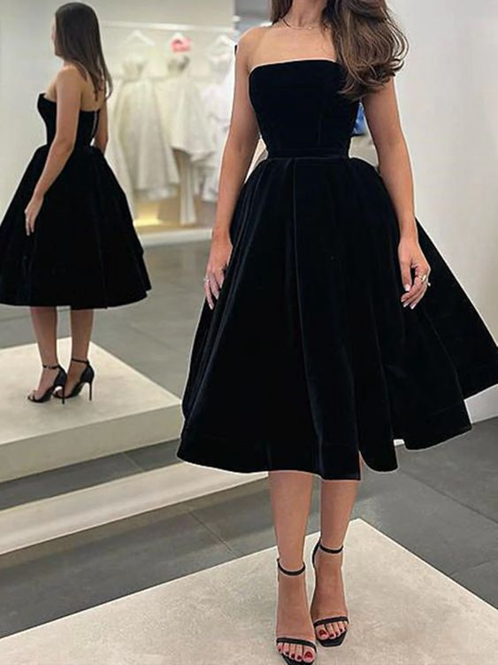 Strapless Black Velvet A Linr Prom Dresses Short Graduation Homecoming Dresses 2388