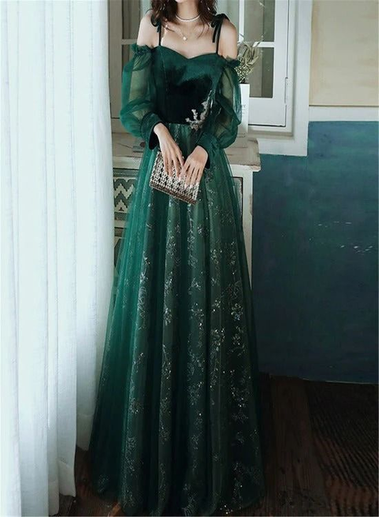 Green Tulle Prom Dresses Longsleeves A Line Birthday Party Gown 2310