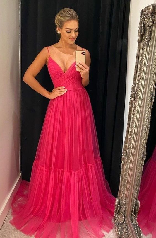 Spaghetti Straps Pink Tulle Prom Dress A-Line Formal Evening Dress 2237