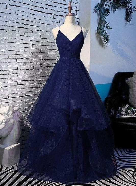 Navy Blue Tulle Long Birthday Party Dress A Line Formal Evening Gown 2311