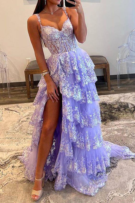 A Line Sweetheart Prom Dress Layered Purple Lace Formal Dress 2136