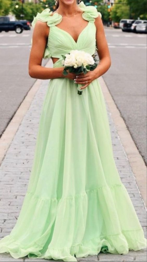 Green Ruffles A-Line Long Prom Dress Wedding Quest Dresses  2205