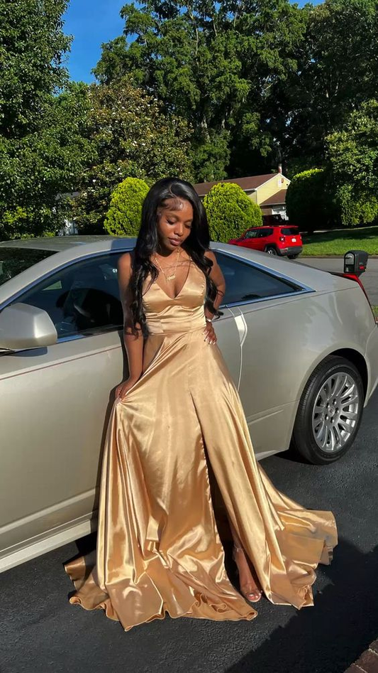 A Line V Neck Gold Sleeveless Satin Long Prom Dress Formal Gown 2368