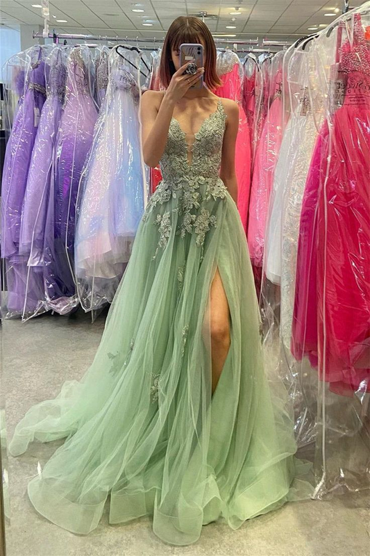 Spaghetti Straps Light Green Long Prom Dress Applique A Line Senior Dress With Slit 2130