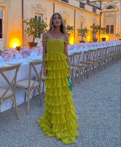 Off The Shoulder Yellow Tiered Prom Dress A Line Wedding Party Gown 2232