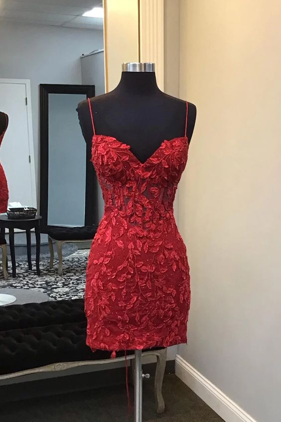 Spaghetti Straps Red Sheath Homecoming Dress With Appliques 2338