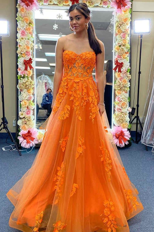 Orange Strapless A-Line Prom Dress Appliques Tulle Evening Dress 2142