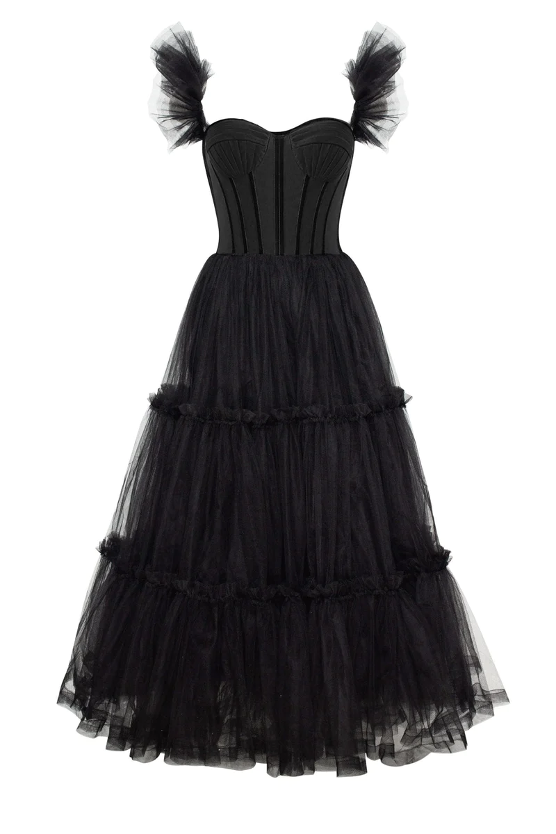 A-Line Black Ruffled Tulle Prom Dress 2201