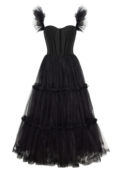 Robe de bal trapèze noire en tulle à volants 2201